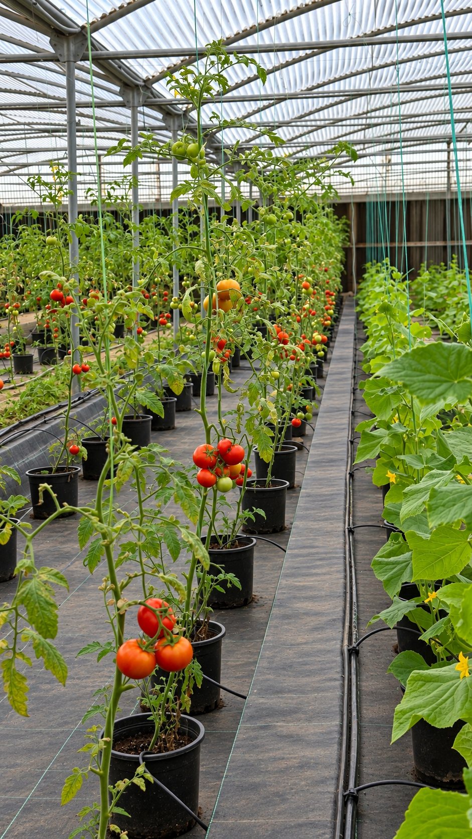 Potted tomato and cucumber plants on drip irrigation inside a Techno Farm greenhouse